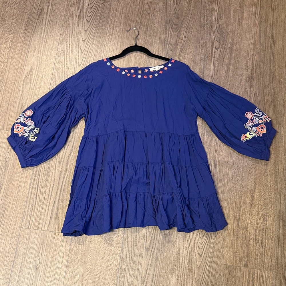 L’Affaire Los Angeles Blue Embroidered Boho Peasant Blouse Size Small